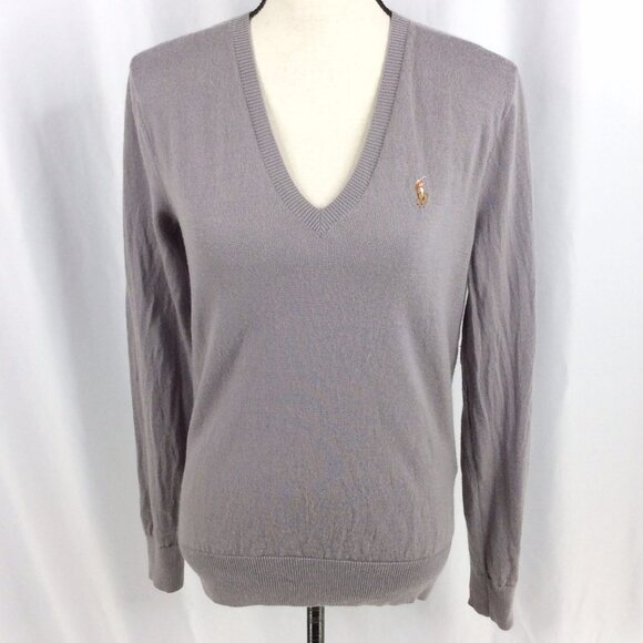 Ralph Lauren Sport 100% Merino Wool V-Neck Sweater Large Embroidered Polo Logo - Picture 1 of 8